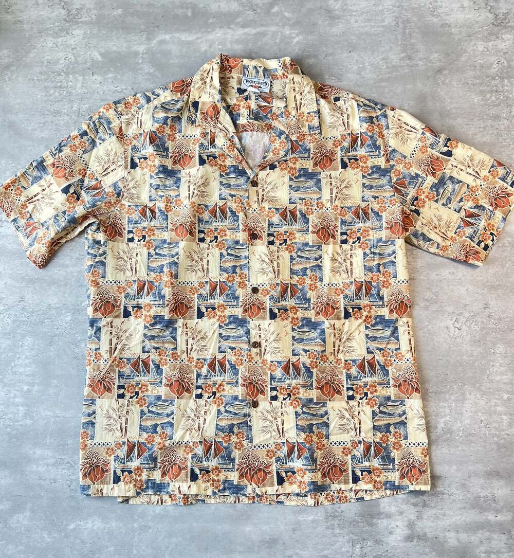 Pacific Legend Hawaiian Aloha Shirt Bamboo Protea Fish Sailboat Squares Size XL
